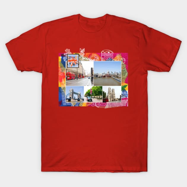 London Collage on Colorful Abstract Background T-Shirt by Amourist